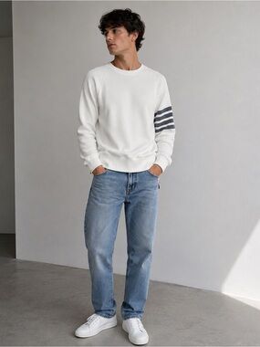 Thom Browne 4-Bar Waffle Knit Crewneck Sweatshirt White 4 Neck Label Removed